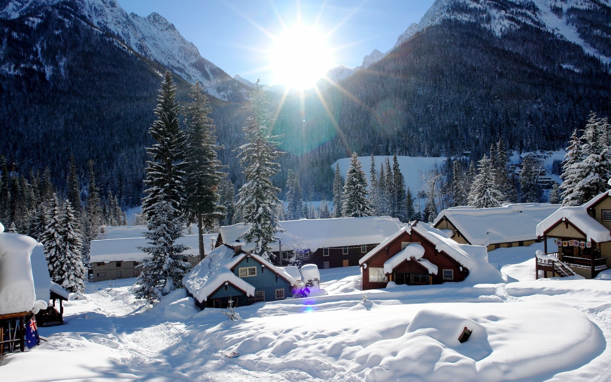 Mountains Houses Snow Winter