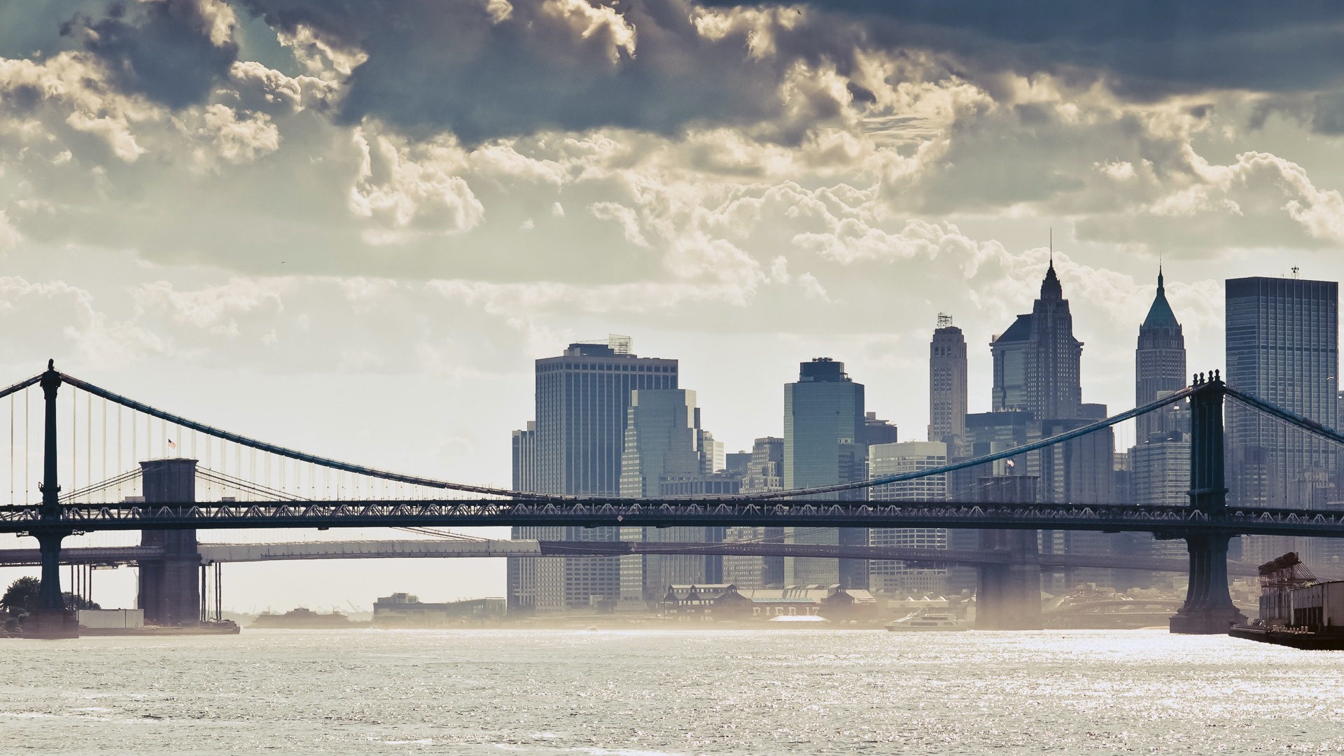 New York Nyc Manhattan Bridge Skyscrapers City Clouds Bridge