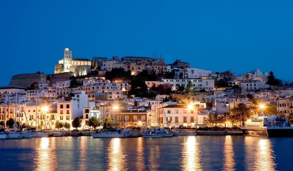 Night Houses Lights Sea Yacht Ibiza Spain