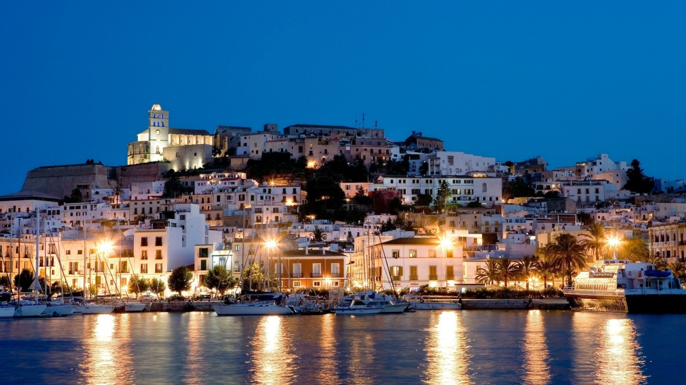 Night Houses Lights Sea Yacht Ibiza Spain