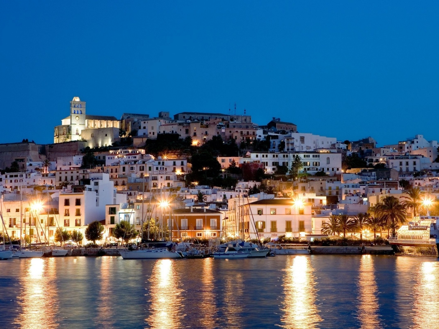 Night Houses Lights Sea Yacht Ibiza Spain