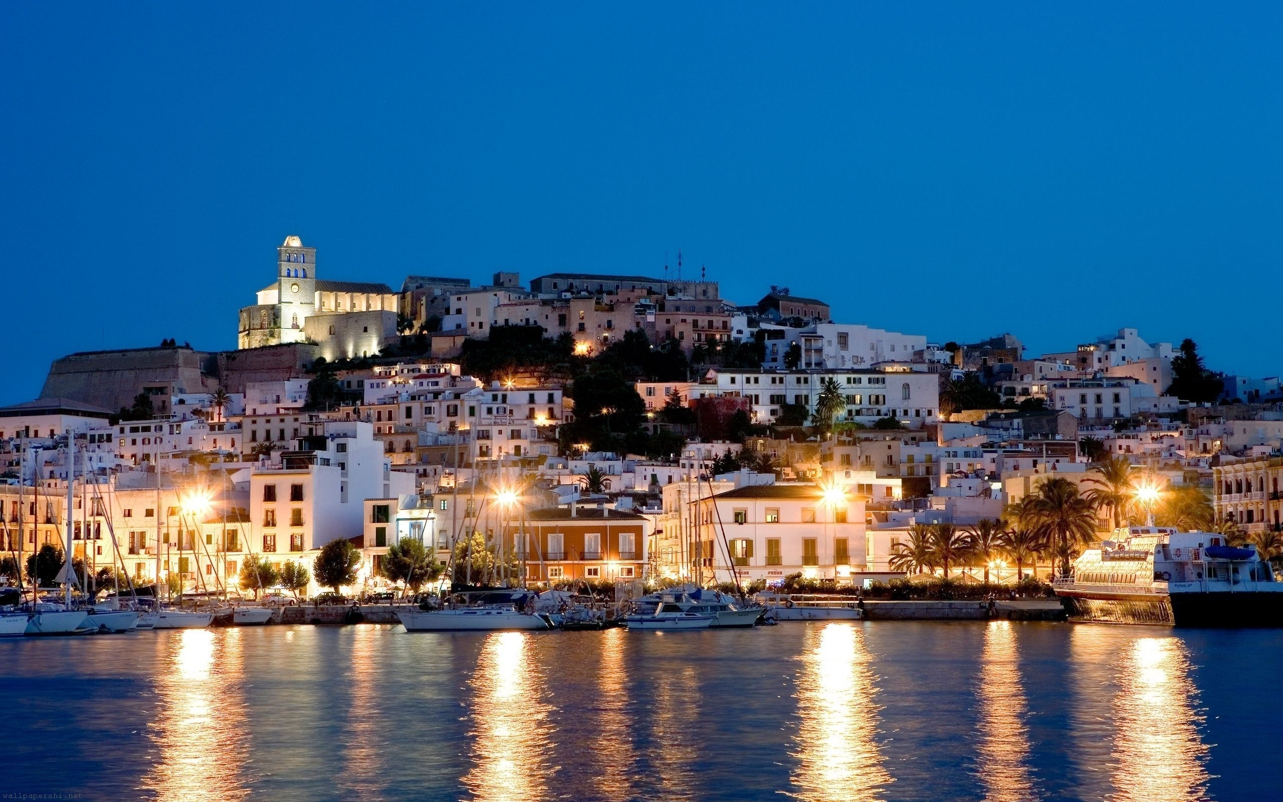 Night Houses Lights Sea Yacht Ibiza Spain