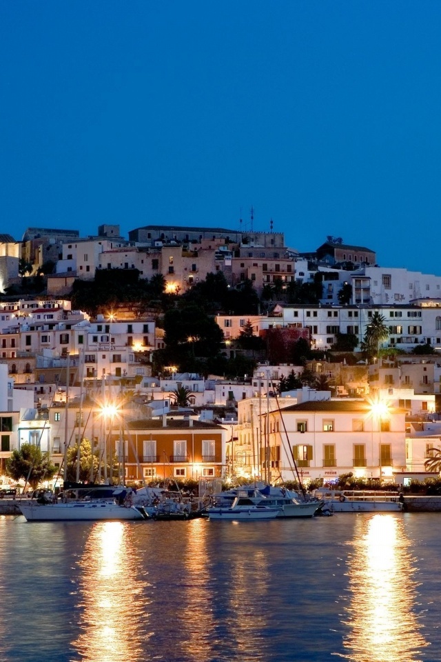 Night Houses Lights Sea Yacht Ibiza Spain