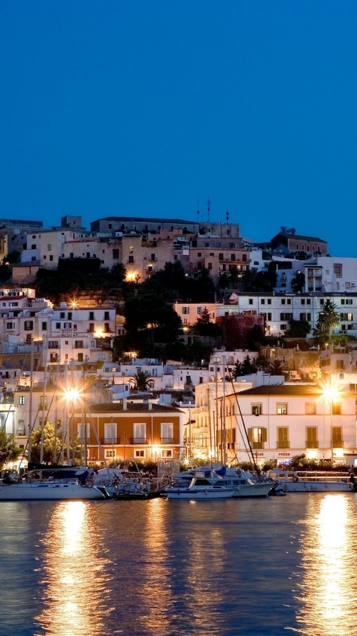 Night Houses Lights Sea Yacht Ibiza Spain