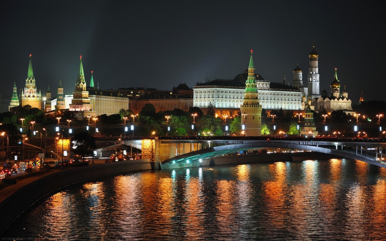 Night Moscow City Lights River Landscape