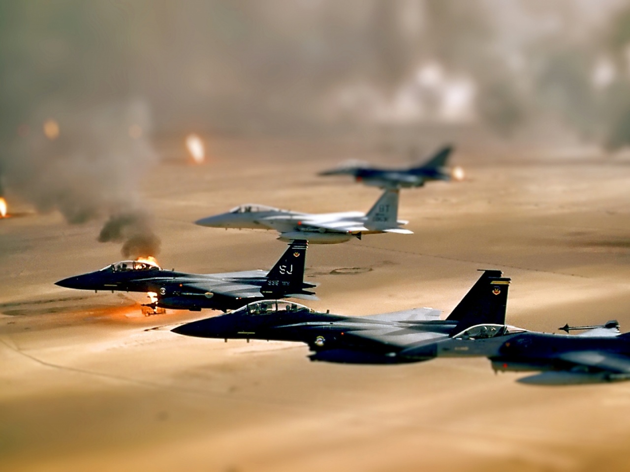 Oil Jet Fighter Desert Smoke Fields Iraq Tiltshift