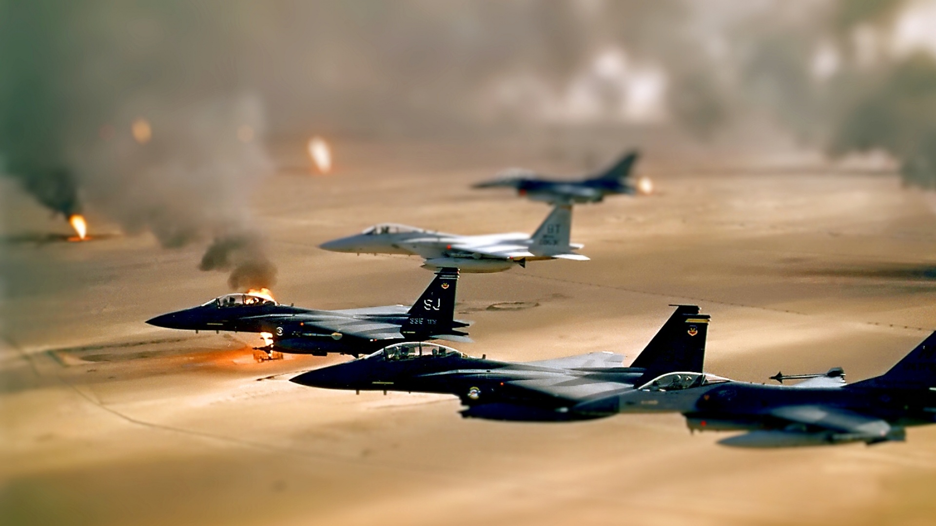 Oil Jet Fighter Desert Smoke Fields Iraq Tiltshift