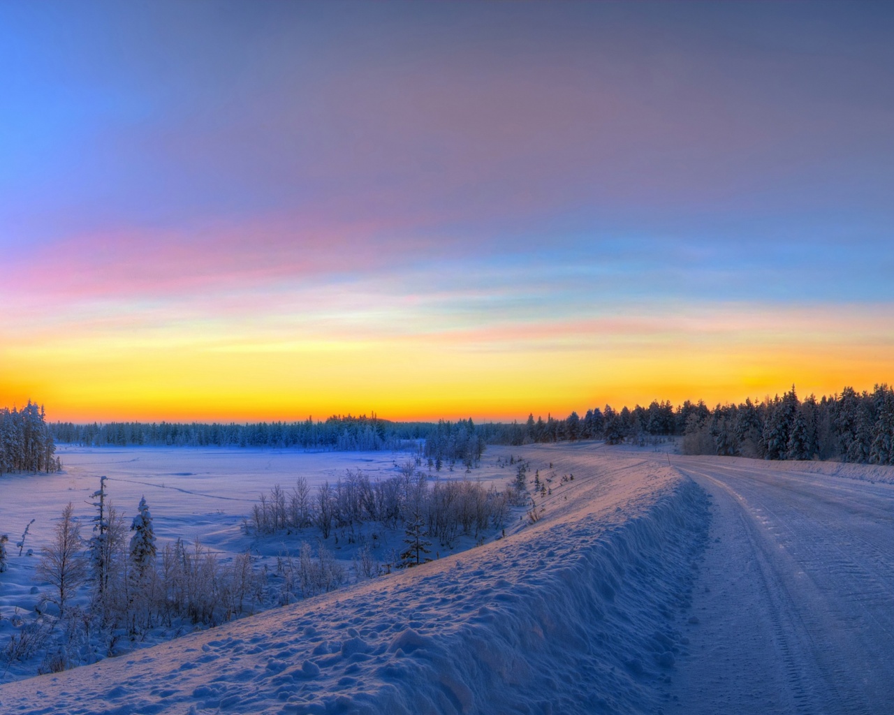 Panorama Sunset Road Winter Snow