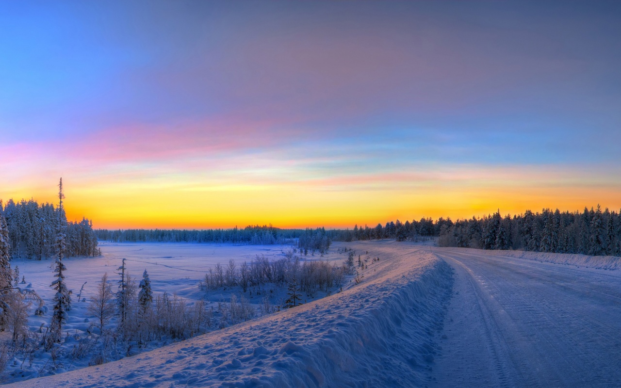 Panorama Sunset Road Winter Snow