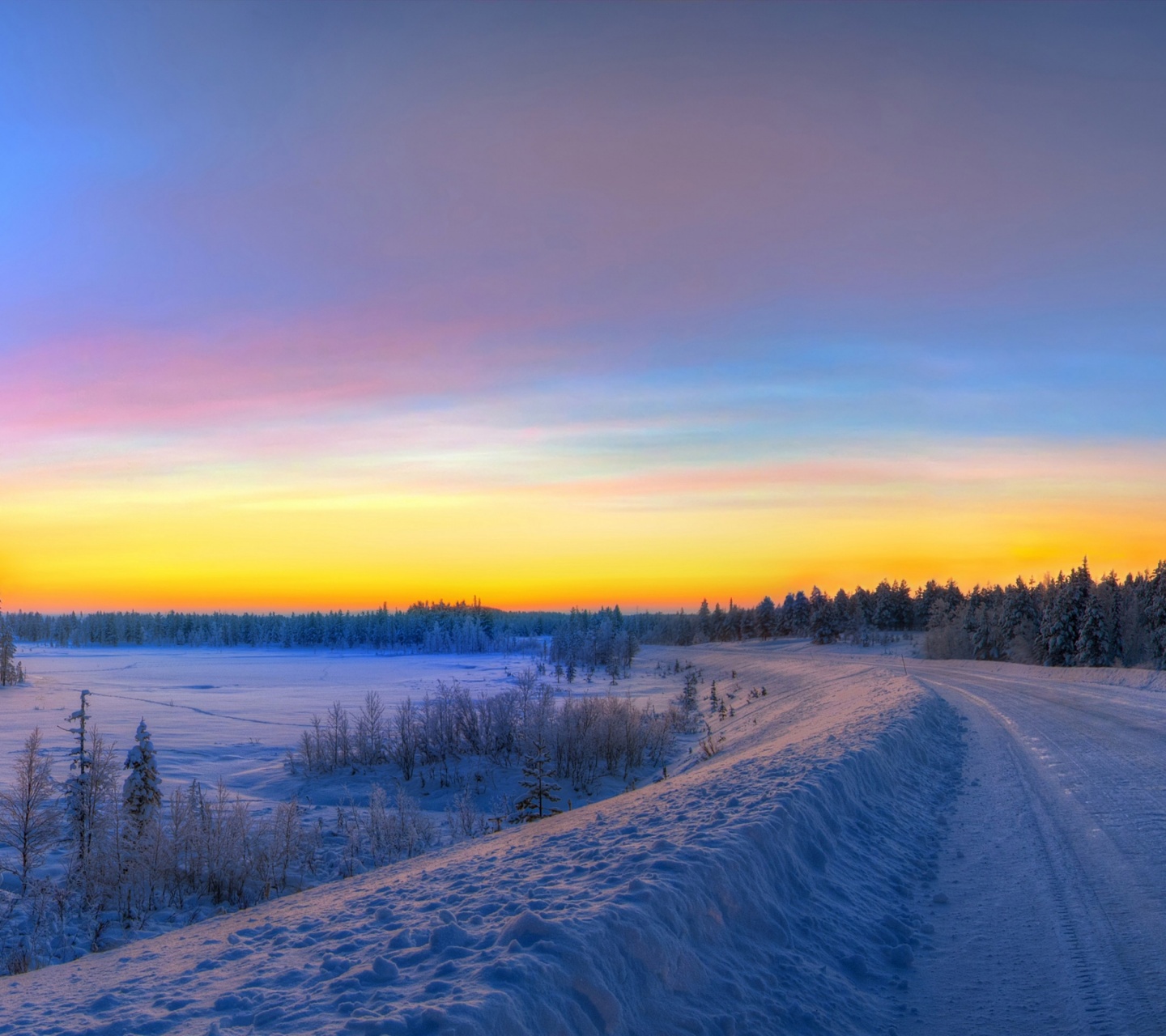 Panorama Sunset Road Winter Snow