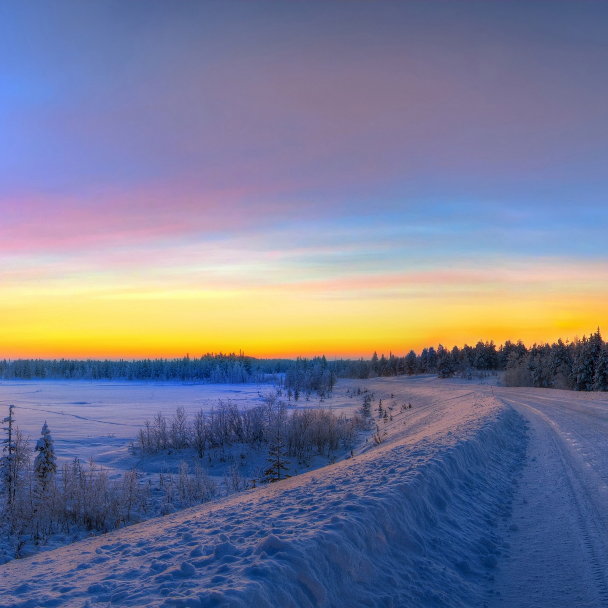 Panorama Sunset Road Winter Snow