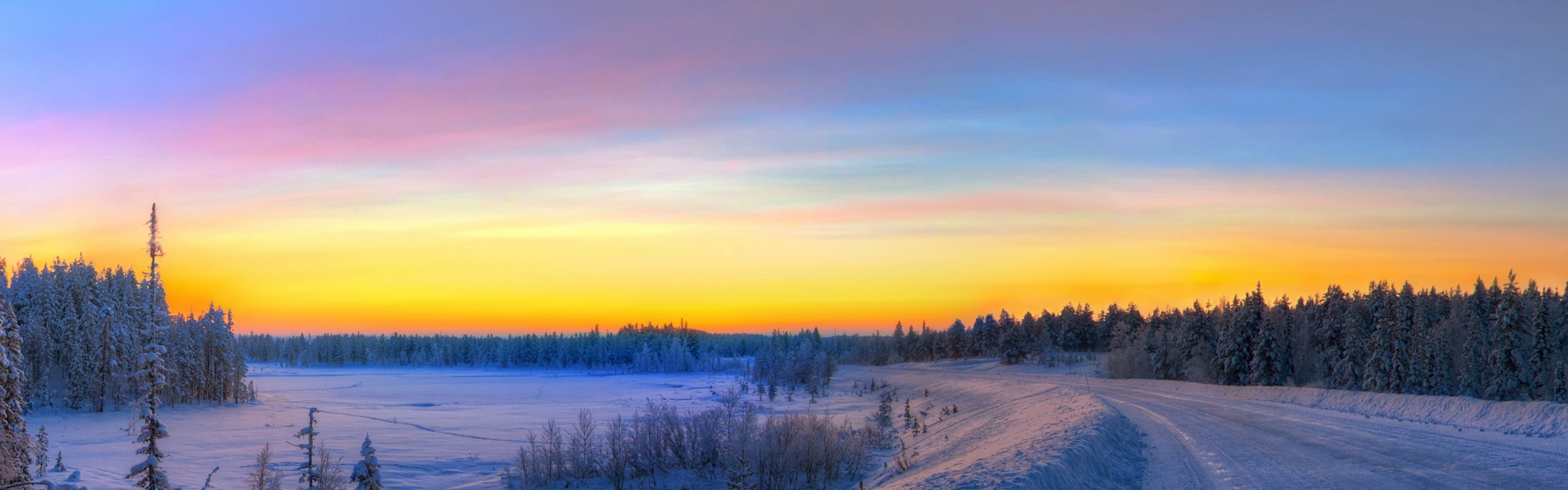 Panorama Sunset Road Winter Snow