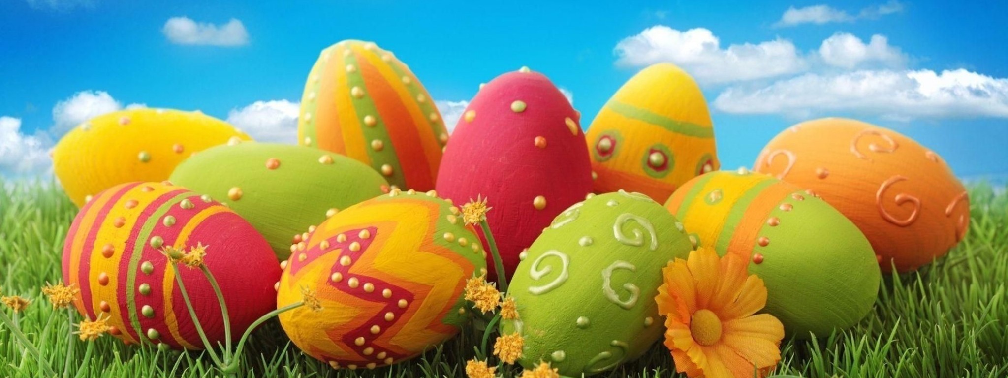 Pascha Eggs Painted Patterns Flowers Grass Sky Meadow