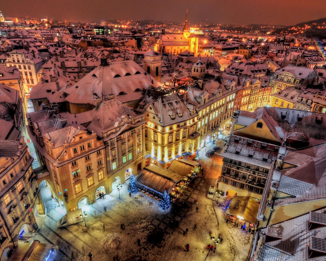 Prague By Night Covered With Snow