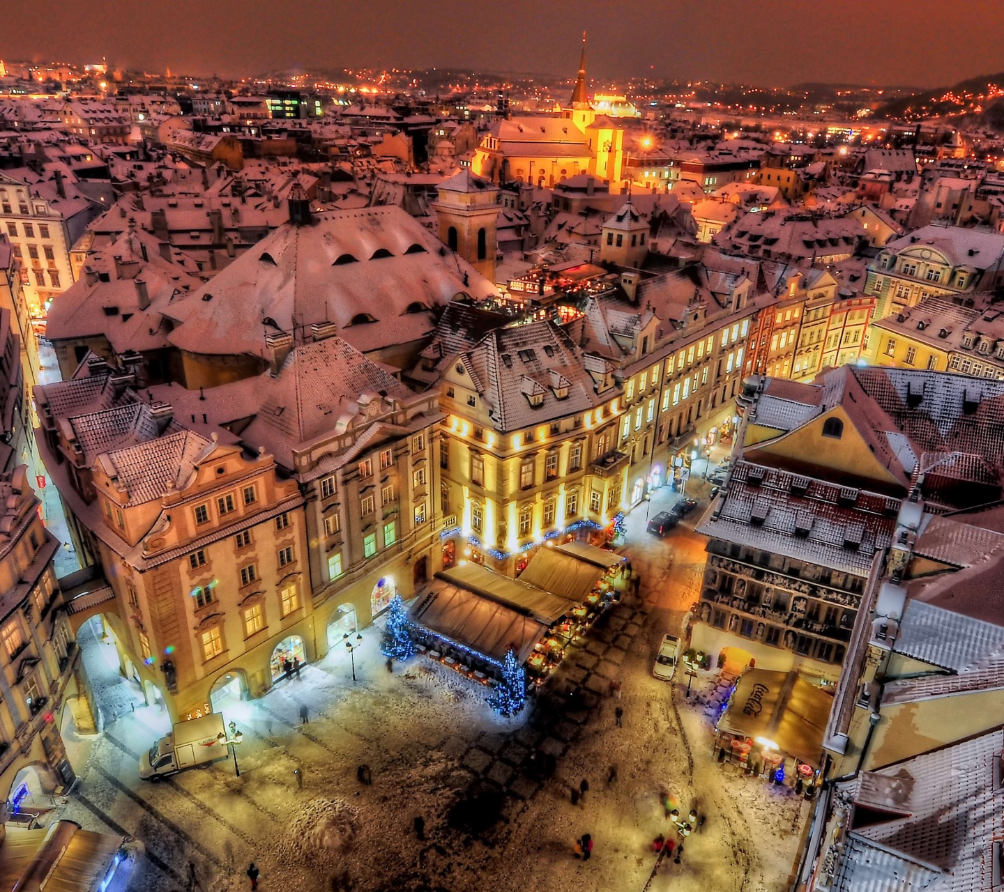 Prague By Night Covered With Snow