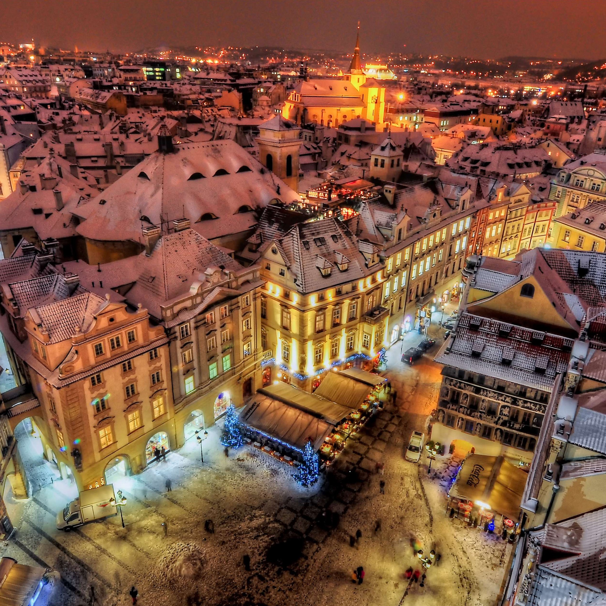 Prague By Night Covered With Snow