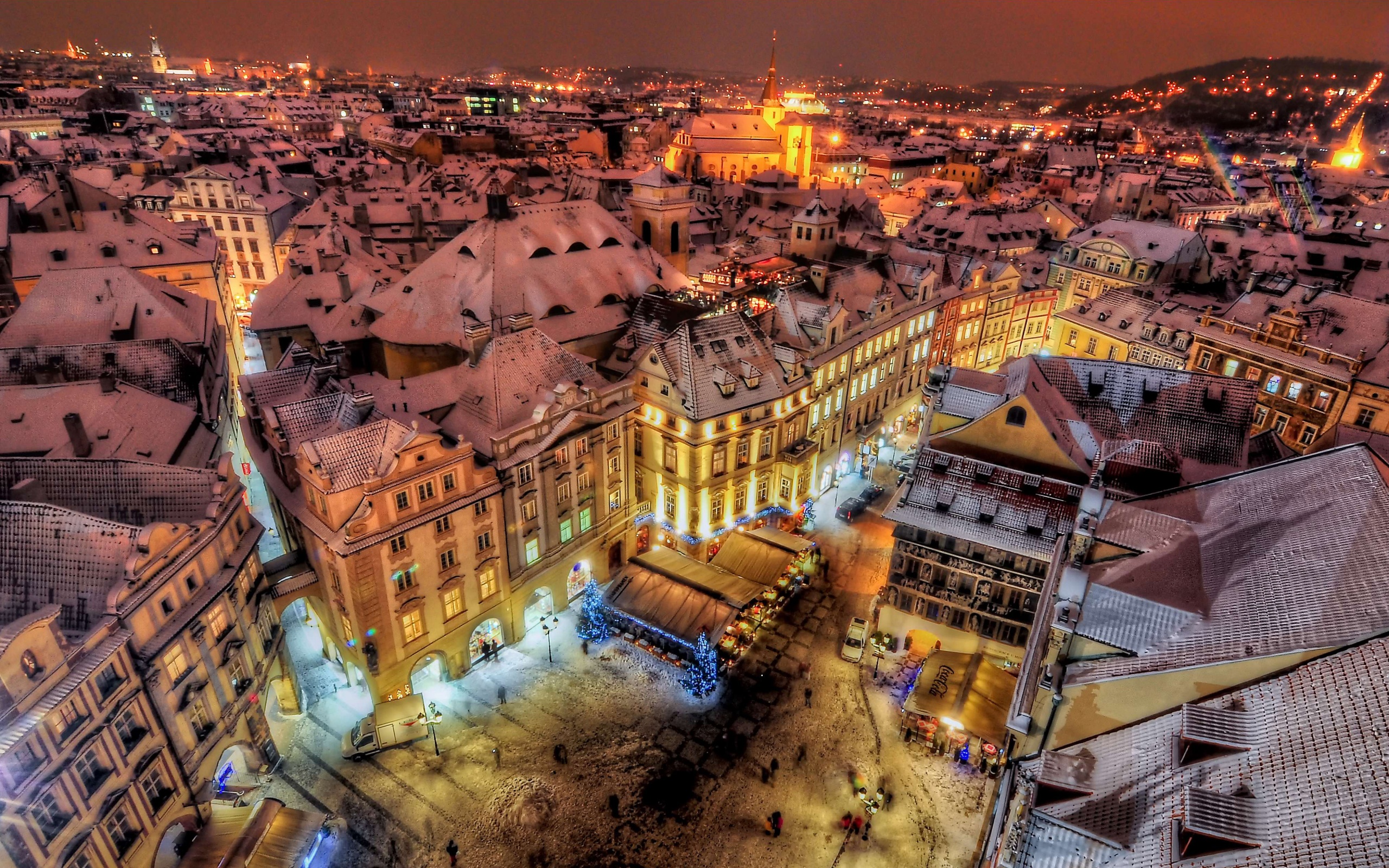 Prague By Night Covered With Snow