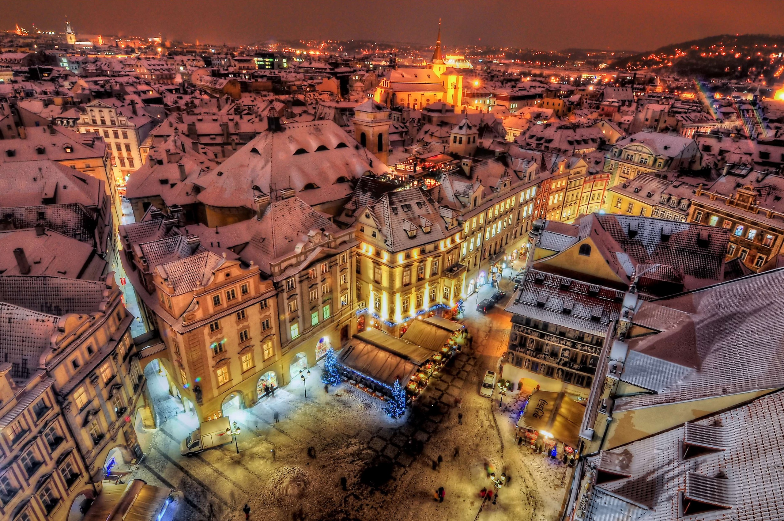 Prague By Night Covered With Snow