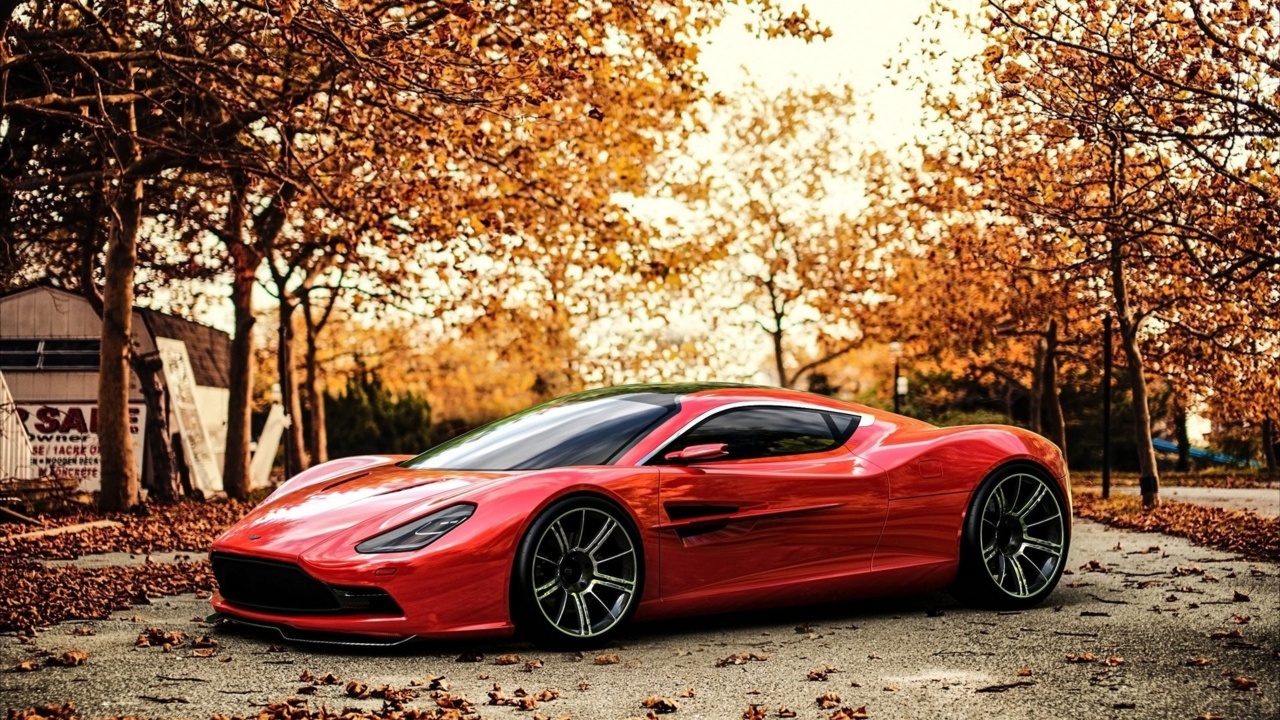 Red Car And Light Of Autumn Sunset