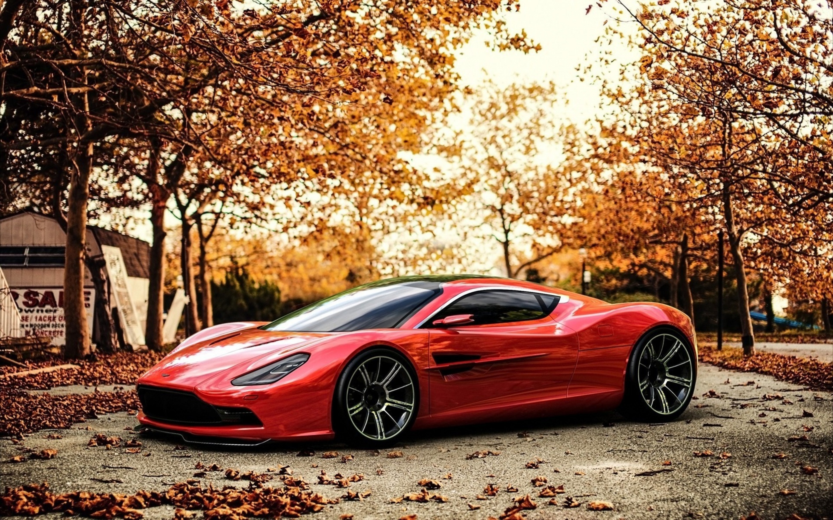 Red Car And Light Of Autumn Sunset