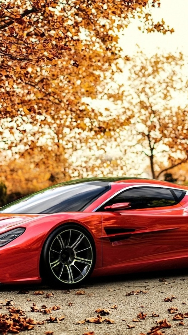 Red Car And Light Of Autumn Sunset