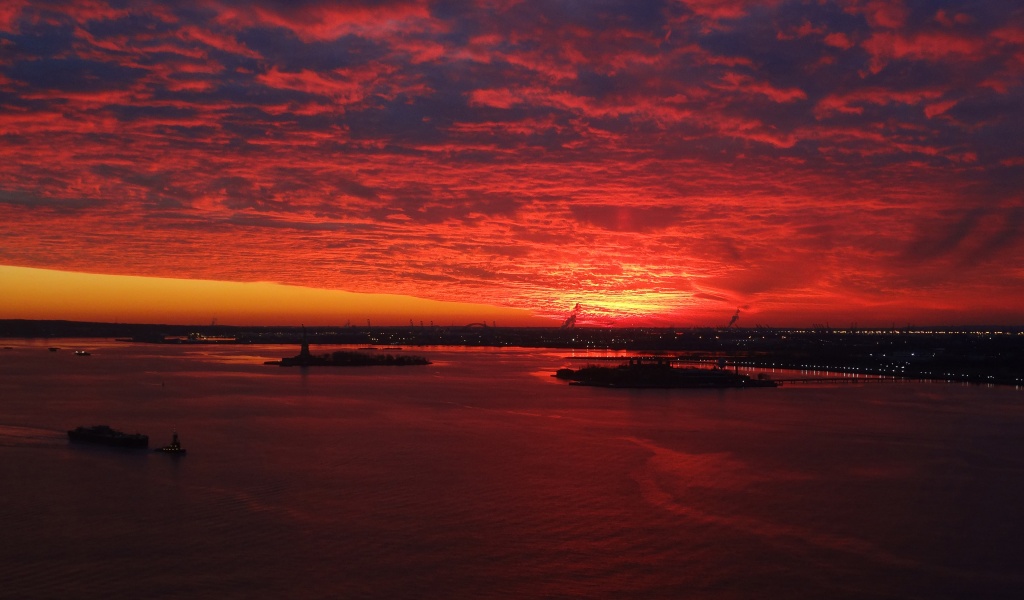 Red Sunset Over New York Harbor