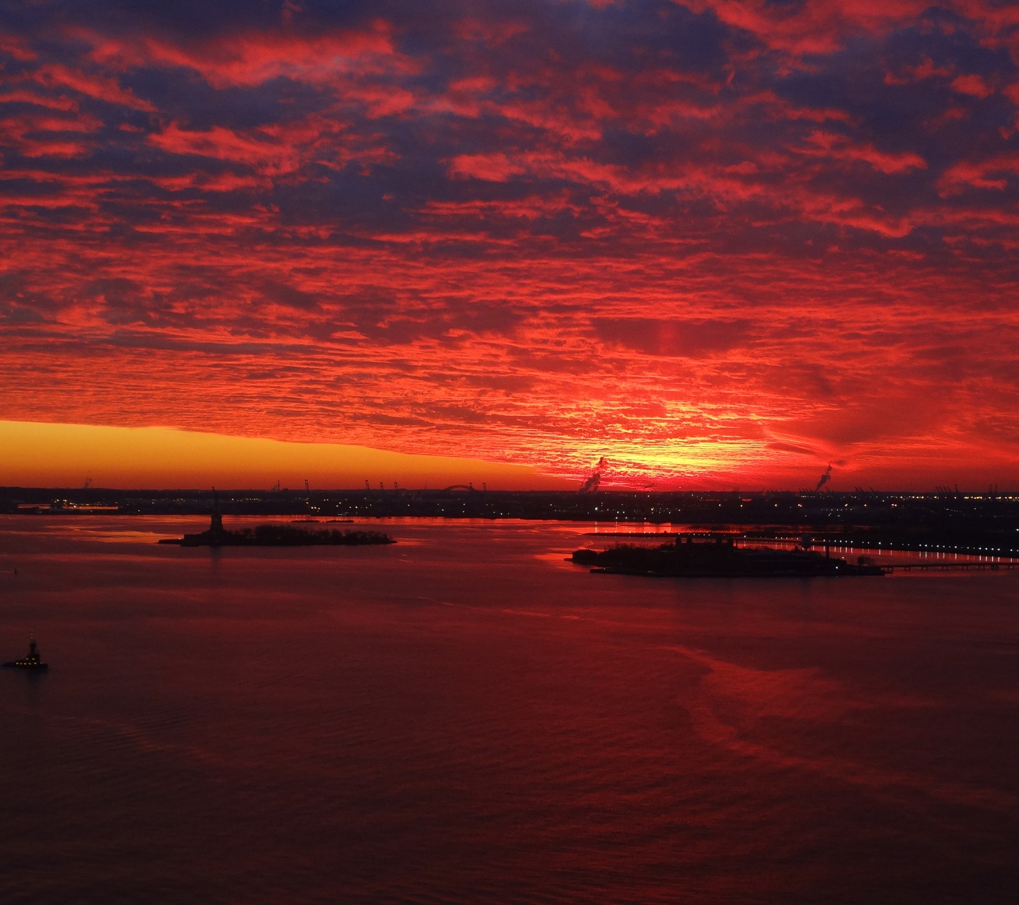 Red Sunset Over New York Harbor