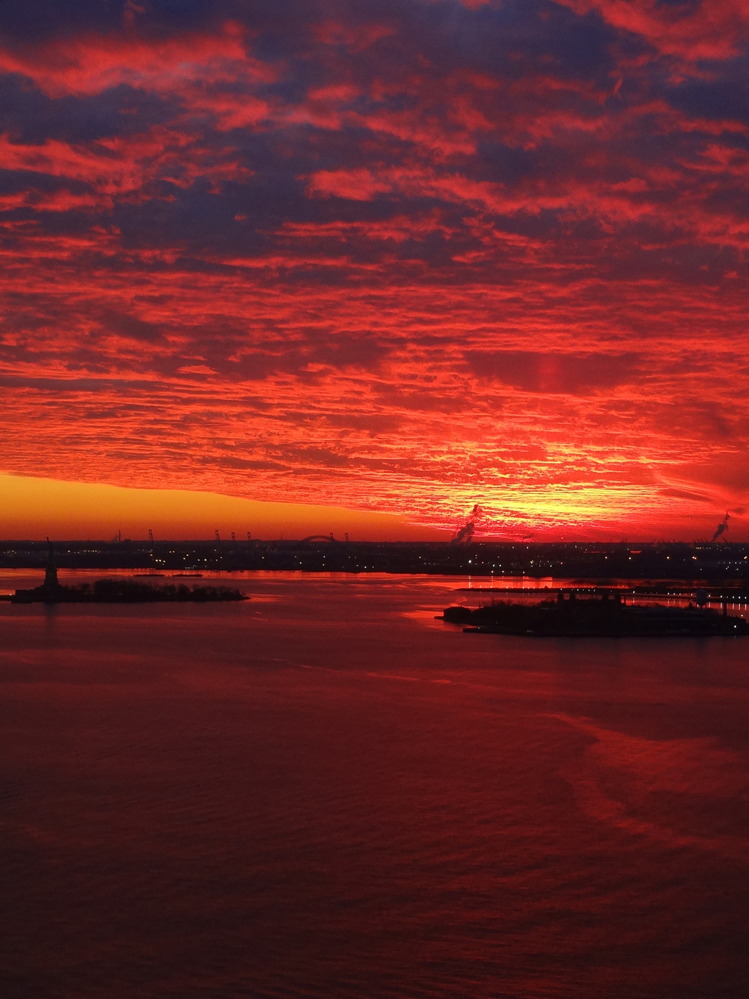 Red Sunset Over New York Harbor