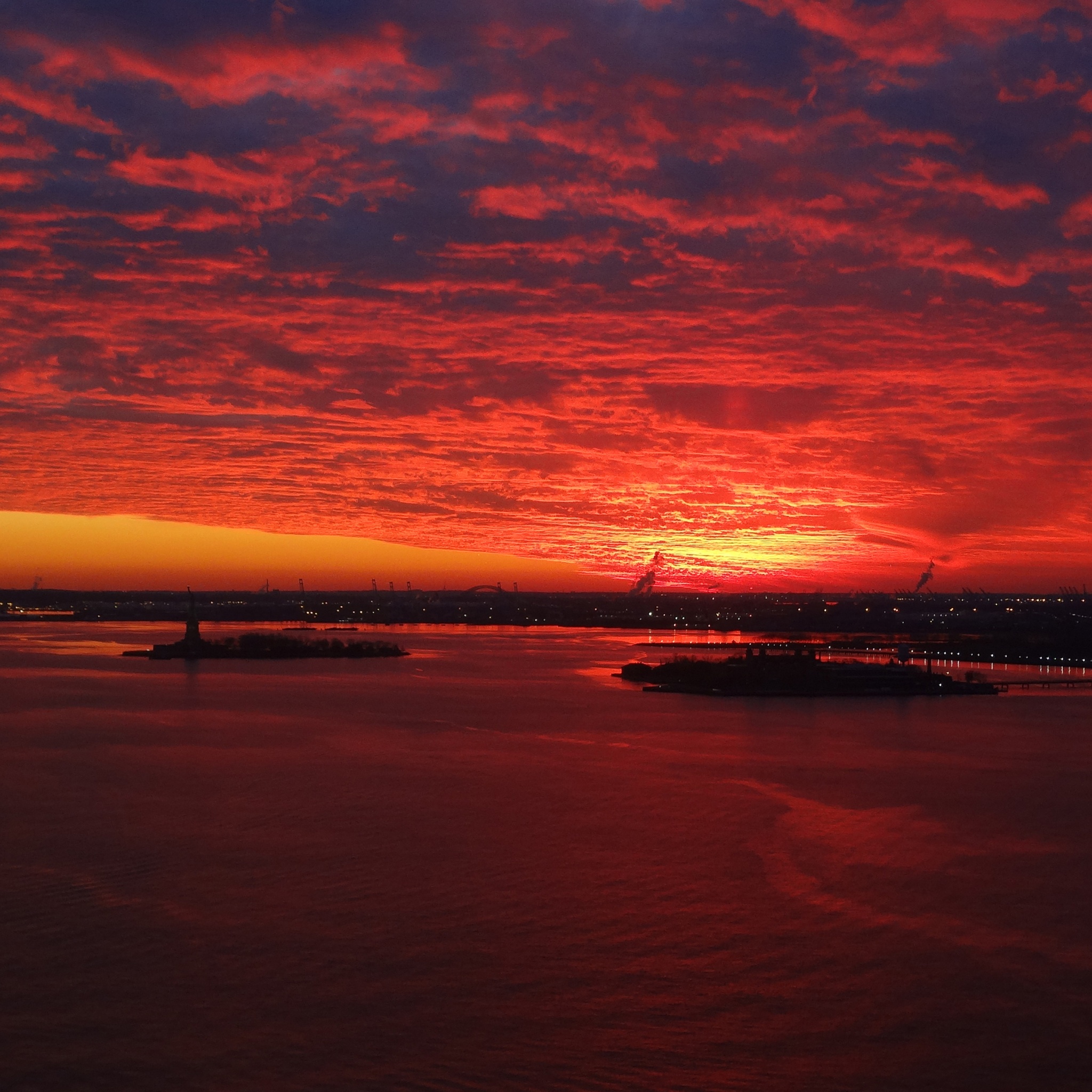 Red Sunset Over New York Harbor