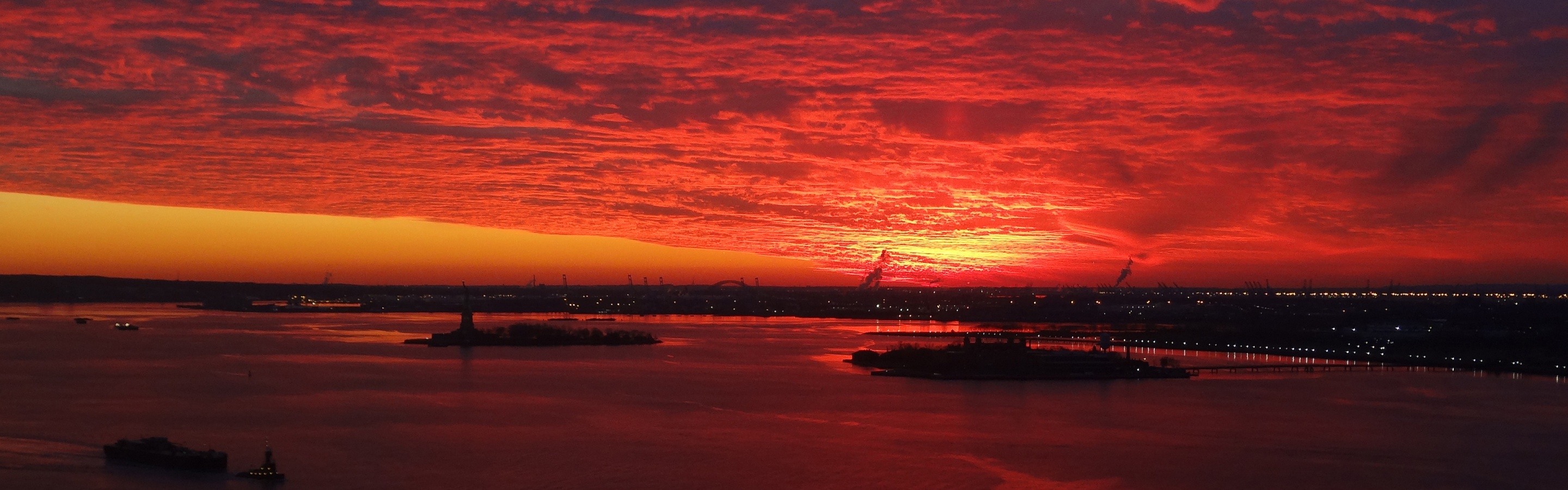 Red Sunset Over New York Harbor