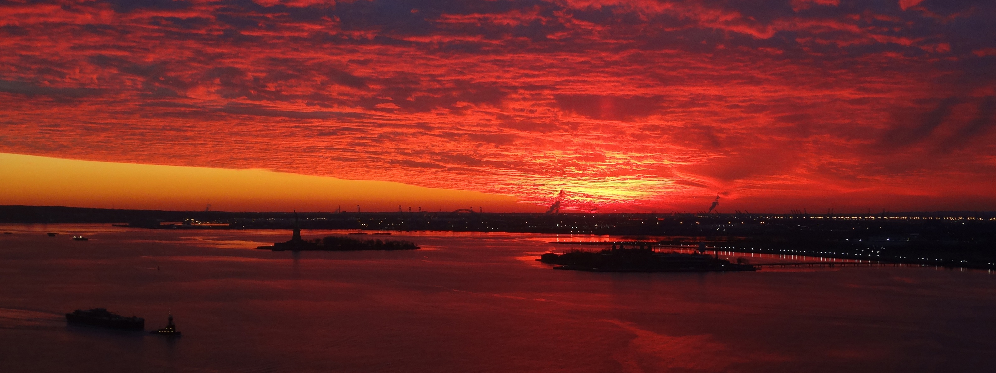 Red Sunset Over New York Harbor