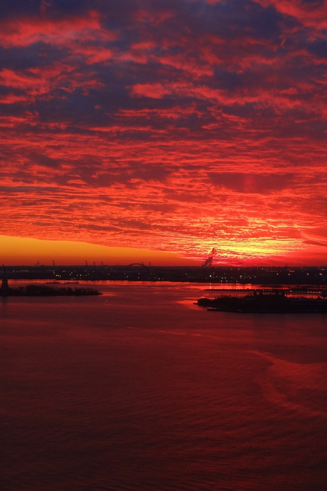 Red Sunset Over New York Harbor