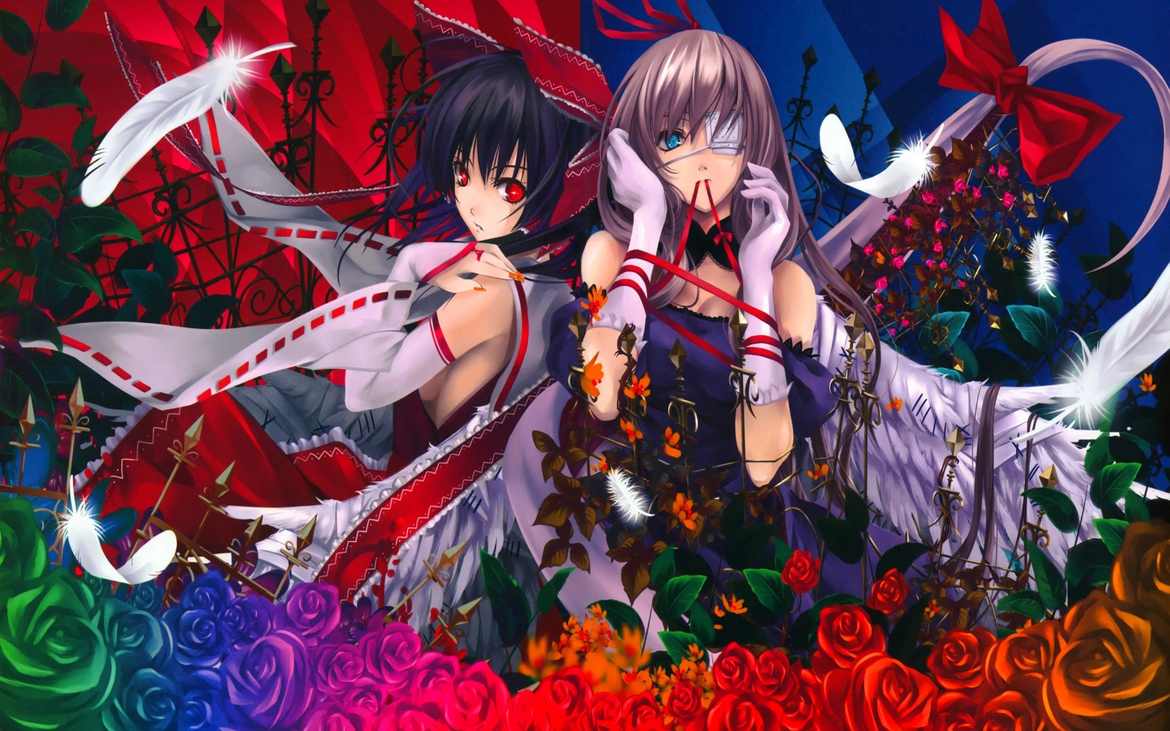 Reimu And Yukari Roses Feathers Anime