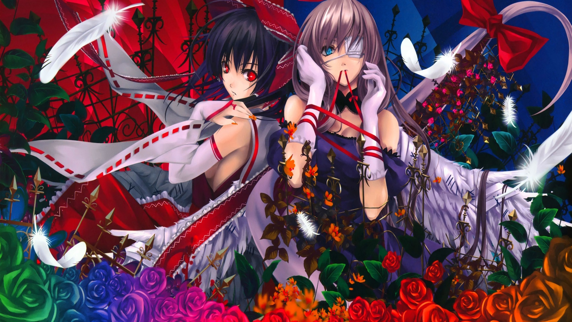 Reimu And Yukari Roses Feathers Anime