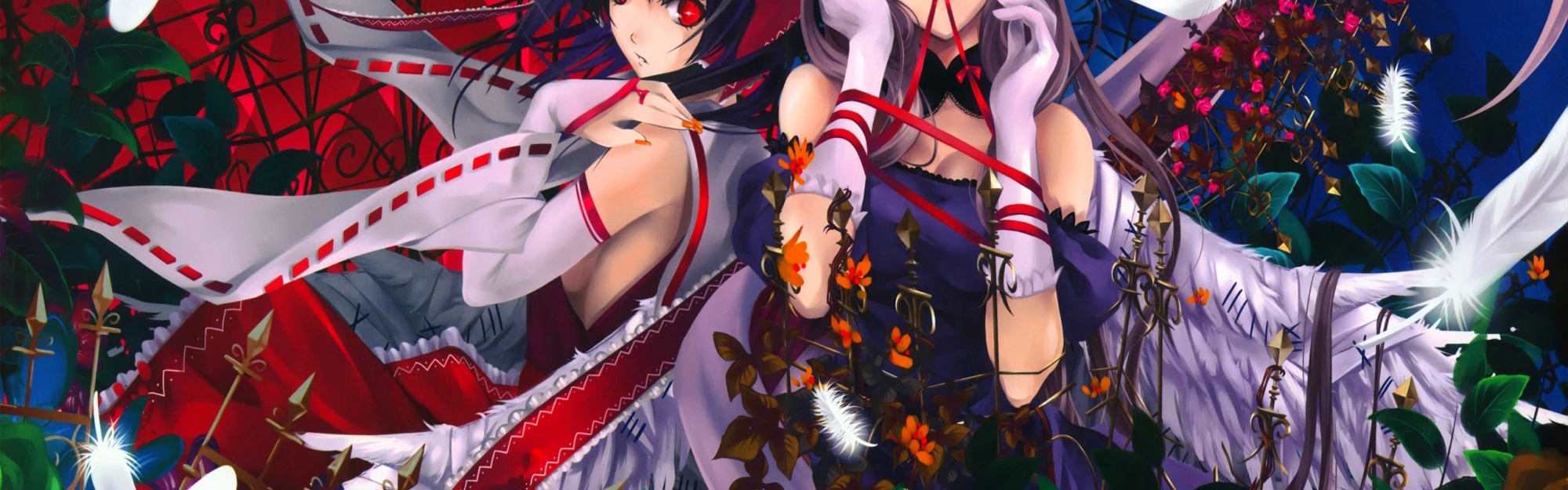 Reimu And Yukari Roses Feathers Anime