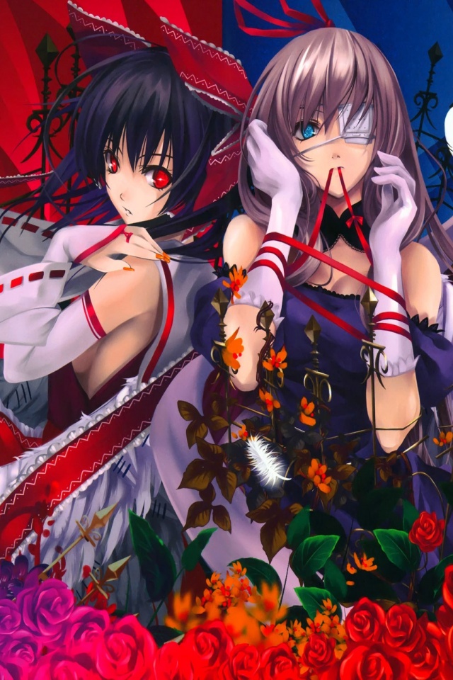 Reimu And Yukari Roses Feathers Anime