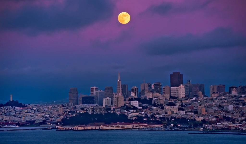 San Francisco Night Moon Sky Bay Building House City Landscape