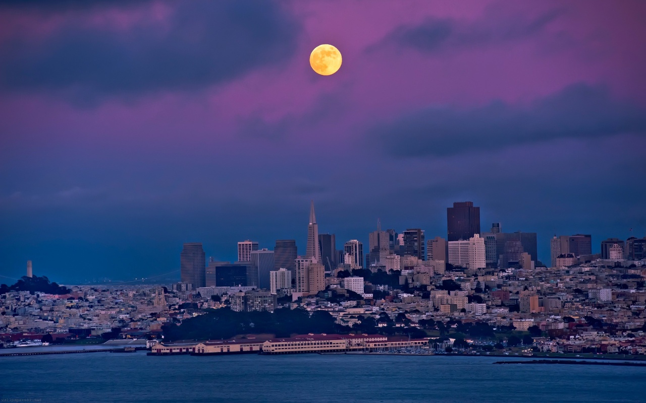 San Francisco Night Moon Sky Bay Building House City Landscape