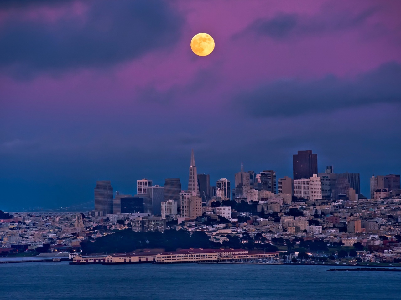 San Francisco Night Moon Sky Bay Building House City Landscape