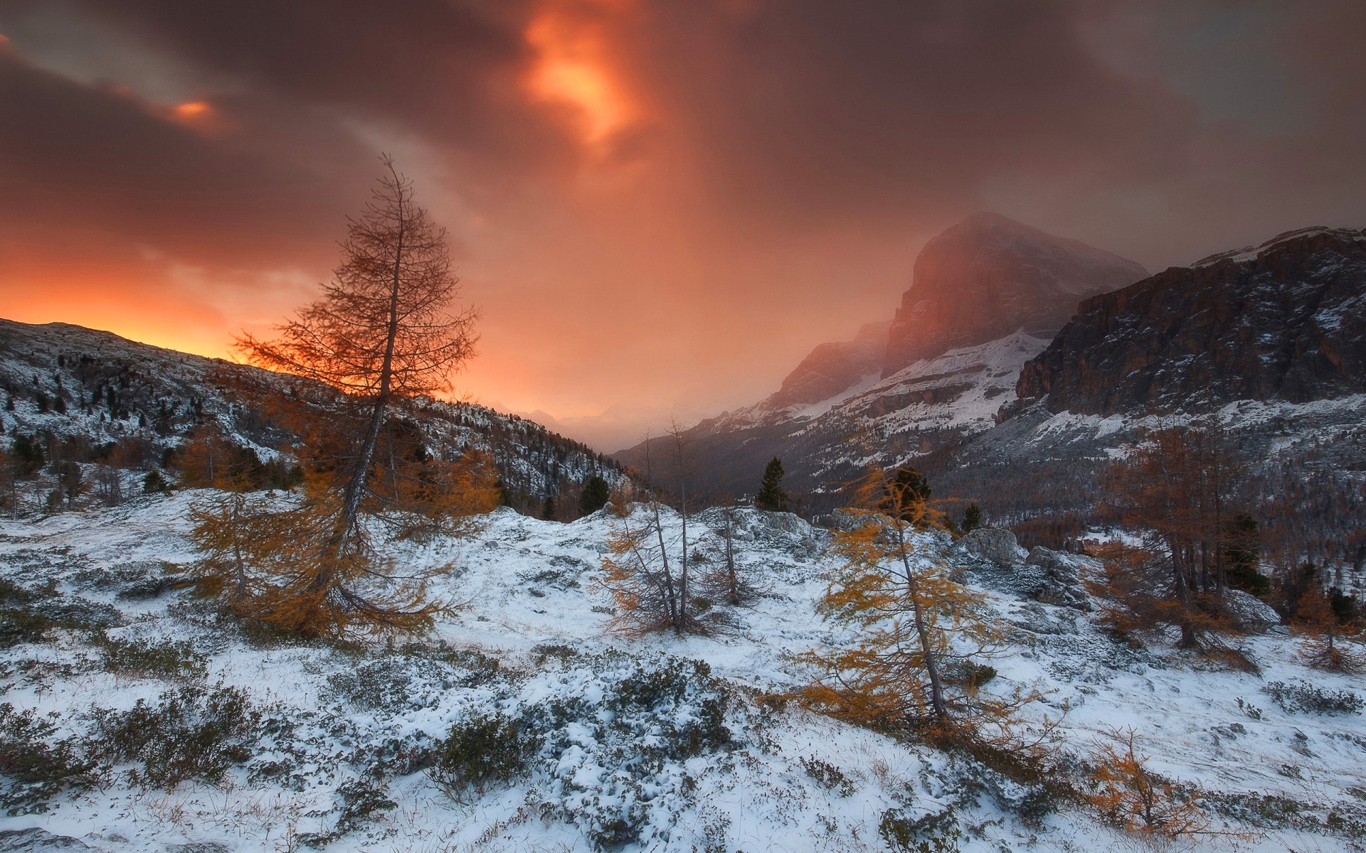 Scenery Mountain Snow Orange Sky