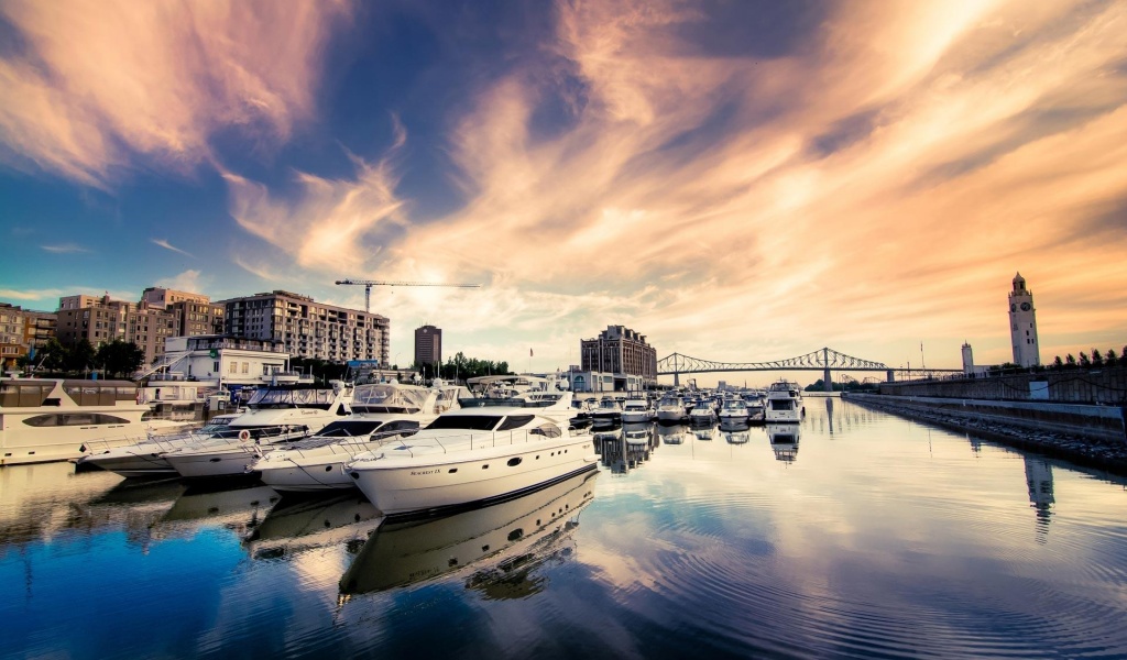 Seaport Parked Yacht Bridge Sunset Evening Screen Landscapes