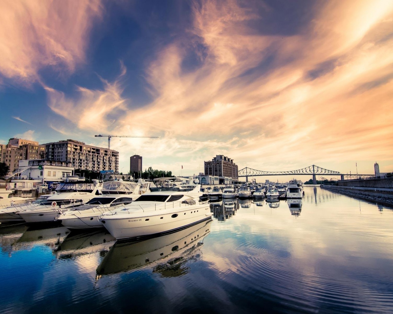 Seaport Parked Yacht Bridge Sunset Evening Screen Landscapes