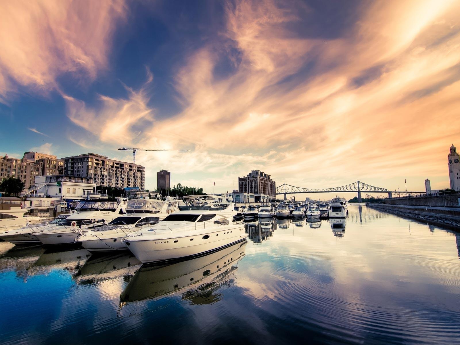 Seaport Parked Yacht Bridge Sunset Evening Screen Landscapes