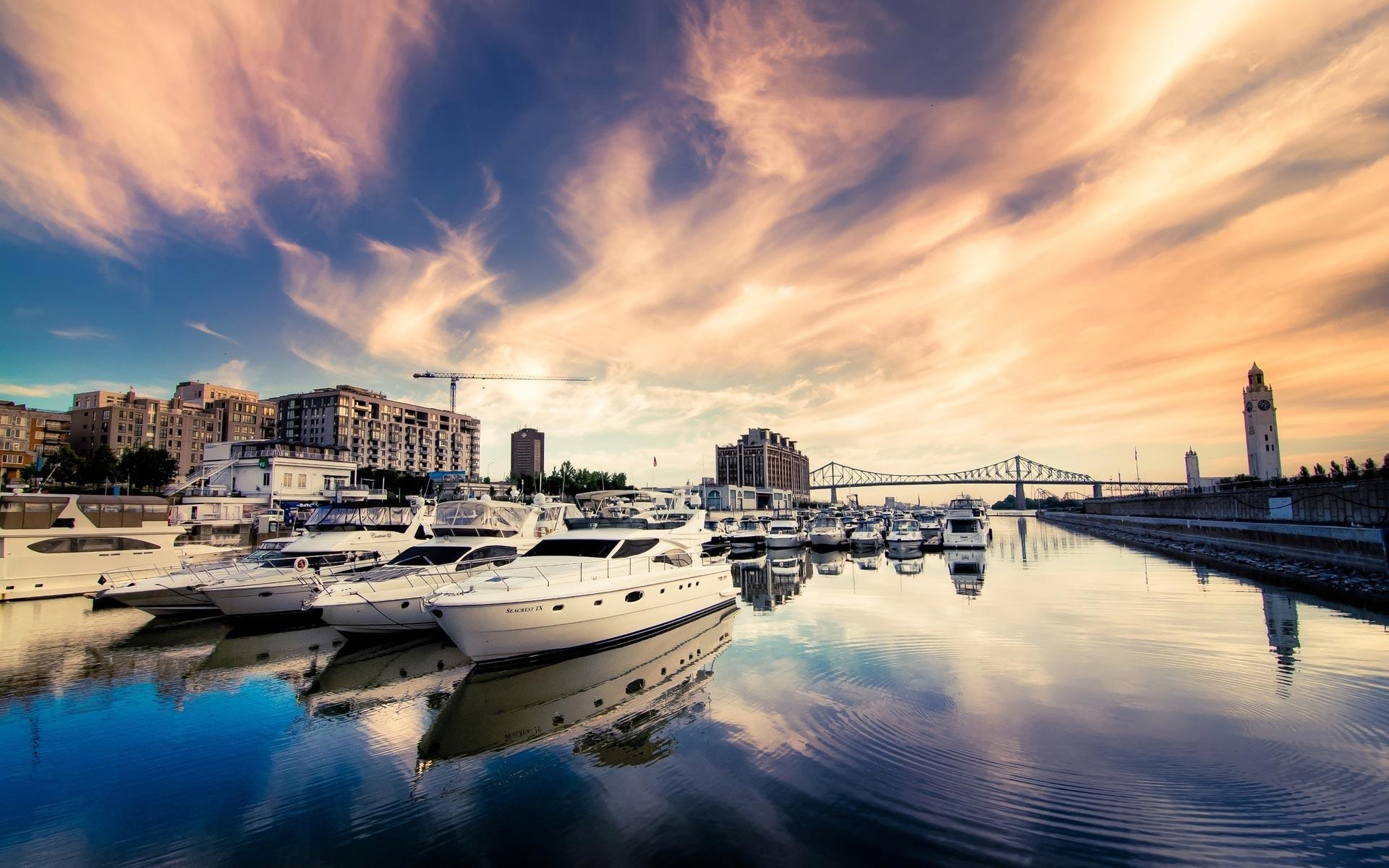 Seaport Parked Yacht Bridge Sunset Evening Screen Landscapes