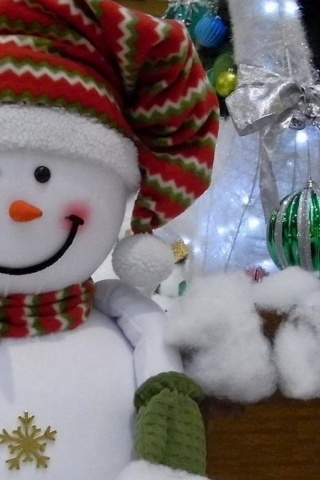 Snowman Smiling Cotton Tree Presents Christmas New Year Holiday