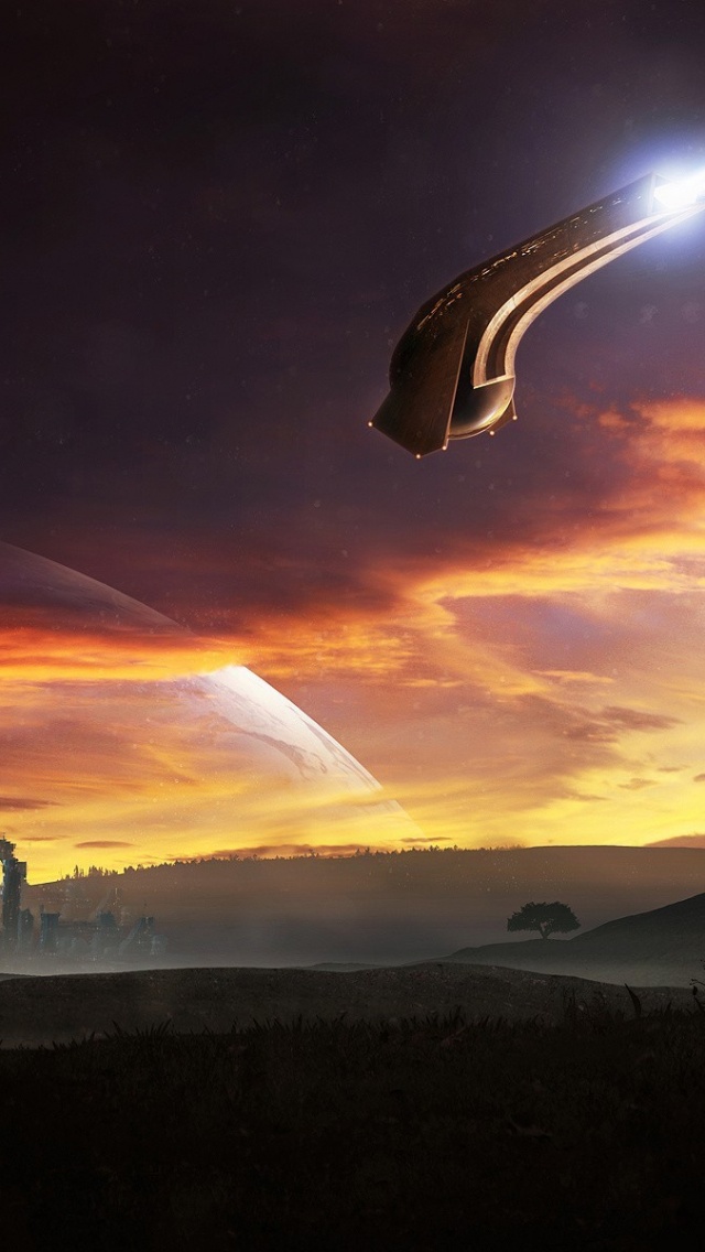 Spaceship Sunset Skyscrapers