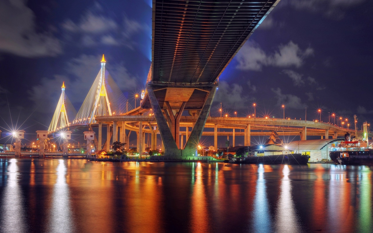 Thailand Bangkok Bridge Night Lights Lamps River Reflection