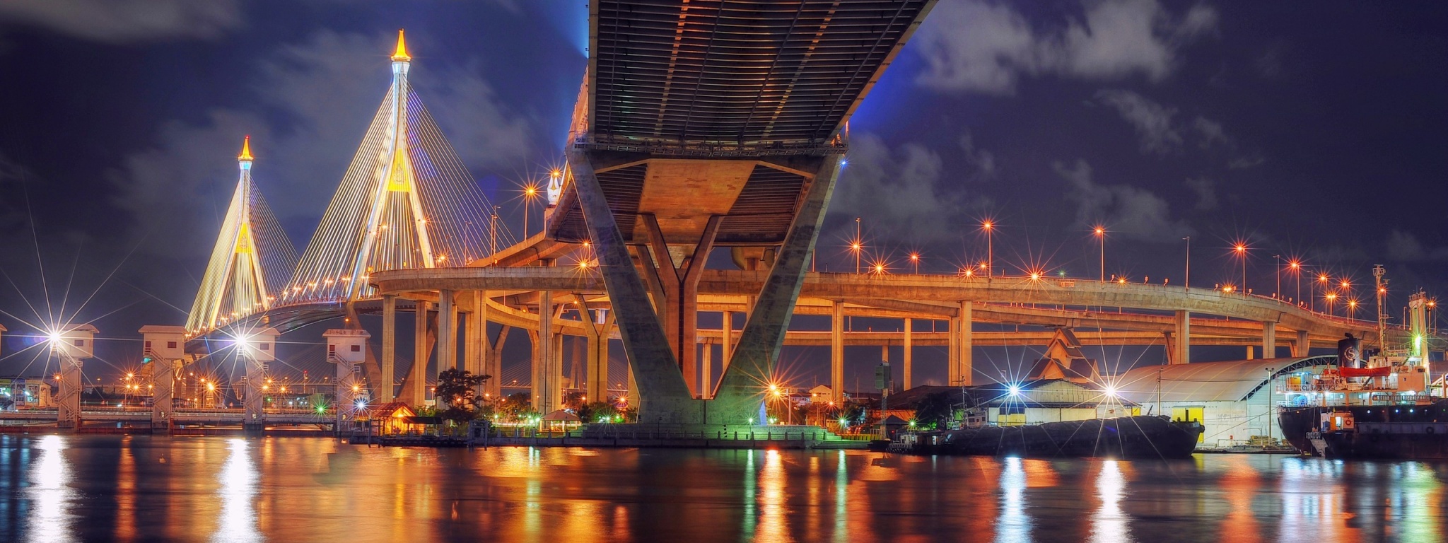 Thailand Bangkok Bridge Night Lights Lamps River Reflection