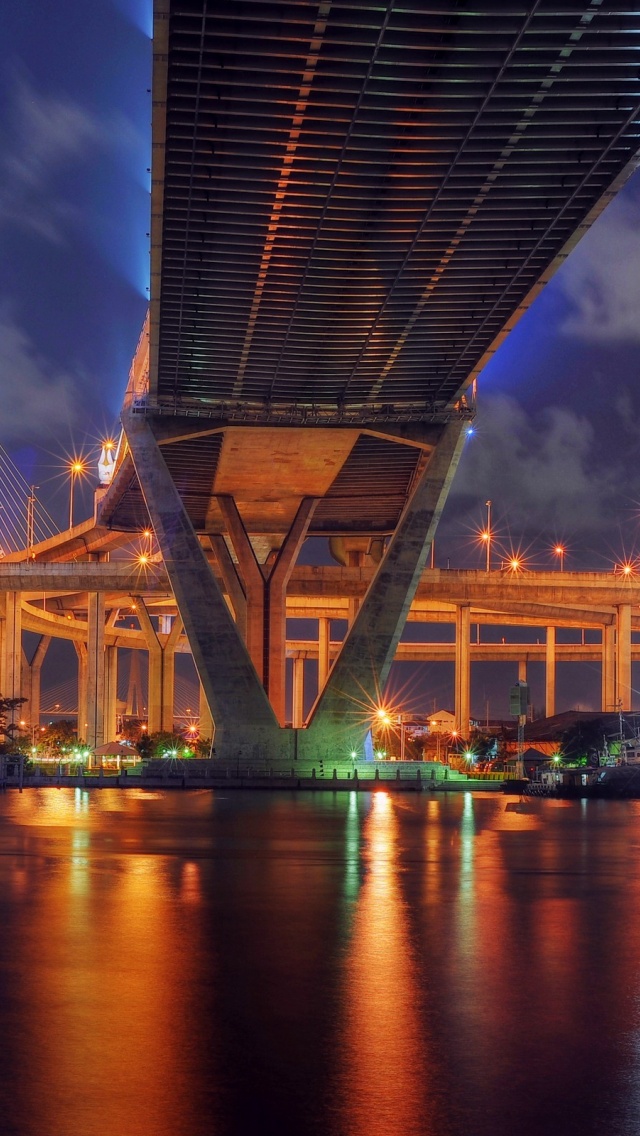 Thailand Bangkok Bridge Night Lights Lamps River Reflection