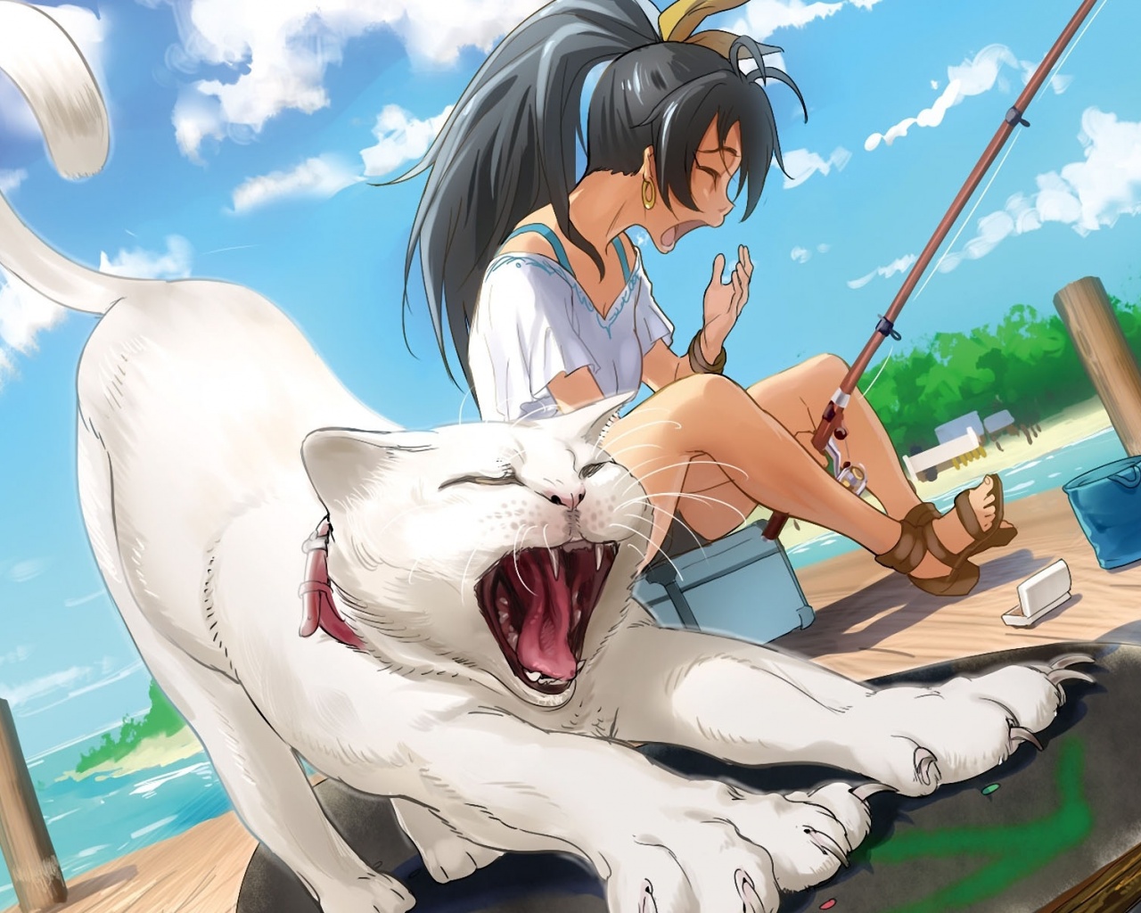 The Idolmaster Ganaha Hibiki Girl Cat Yawning Fishing Pier